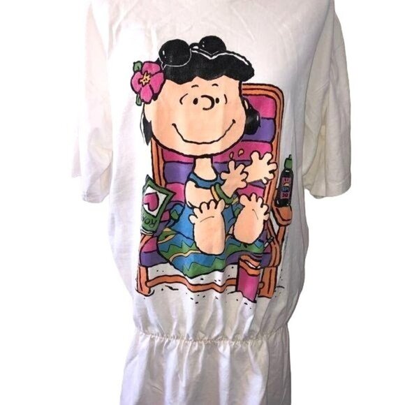 Peanuts Swim Coverup Womens Vintage 90s Lucy Graphic Short Sleeve Cotton White - Picture 1 of 8